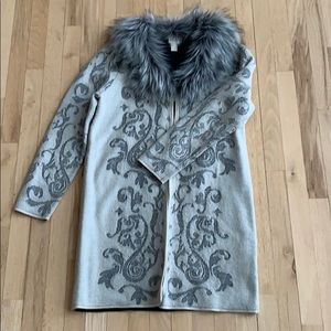 Gray sweater coat with faux fur collar